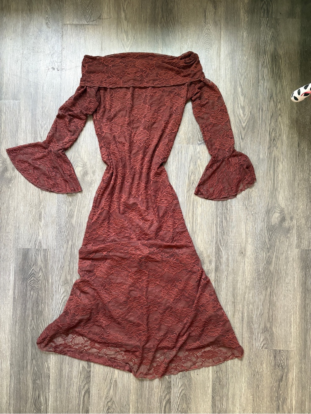 Brown Lace Off Shoulder Maxi Dress with Bell Sleeves